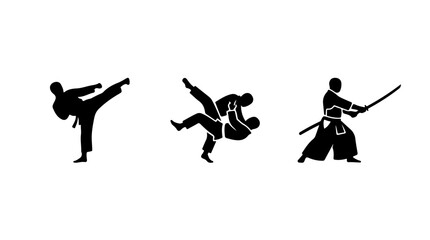 Martial Arts Icon Set Representing Karate, Judo, and Kendo in Dynamic Black‑and‑White Vector Style © Amjad