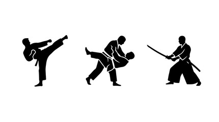 Martial Arts Icon Set Representing Karate, Judo, and Kendo in Dynamic Black‑and‑White Vector Style © Amjad