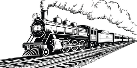 Vintage steam locomotive, antique train, black and white illustration, railroad transportation © yamin678