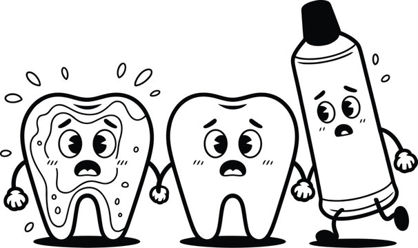 Cute cartoon line art illustration of worried teeth holding hands with a toothpaste tube vector icon isolated on white background.