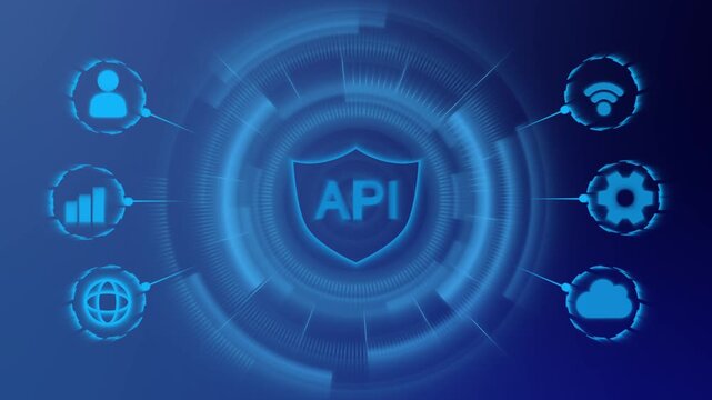 API Digital Protection HUD Interface Animation with Shield, Network, Cloud and Data Security Icons. Digital HUD element technology background.