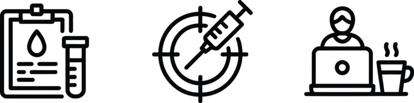 Set of medical line art icons featuring blood test report clipboard syringe in target and person working on laptop computer.