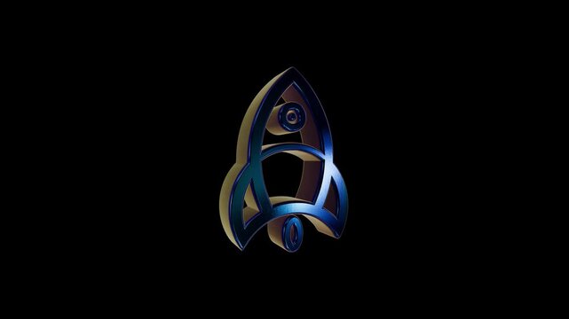 Shiny metallic rocket ship in futuristic sleek design with neon blue lighting on black background for space or tech branding
