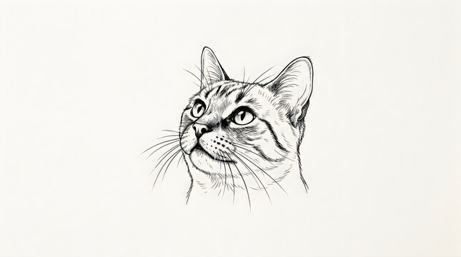 A black and white drawing of a cats head looking upwards