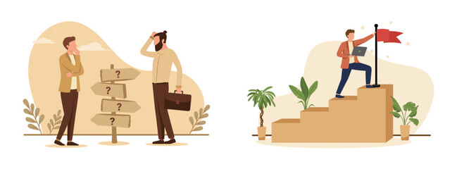 Business decision making with signpost and professional achievement on stairs illustration © Stock4line