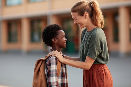 Teacher offering support and kindness to a young student outside the school building