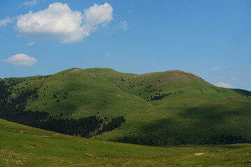 Fototapeta premium A wide panoramic shot of vibrant green rolling hills and mountain pastures under a bright blue sky with scattered white clouds. Dramatic shadows from the clouds drape over the alpine slopes on a sunny