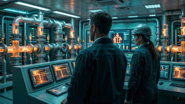 Engineers monitoring industrial control systems in a high tech facility with glowing pipe networks