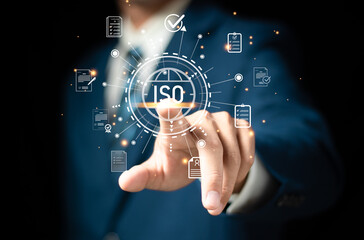 Fototapeta premium ISO standards and quality assurance concept. Person using with quality and certification icons, quality control, ISO certification, compliance management and product standards.