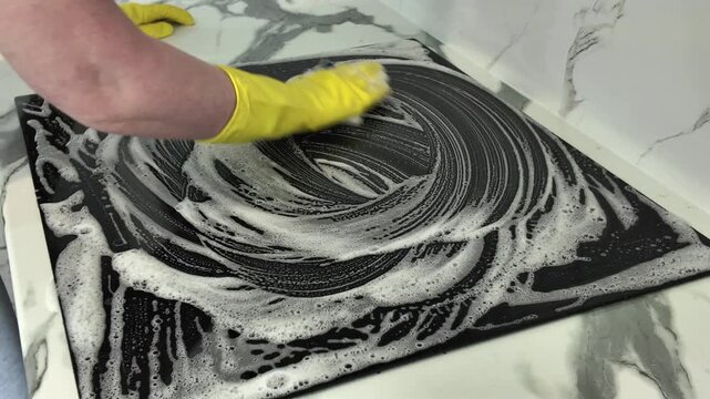 Housewife wearing yellow protective gloves washing a modern black induction or electric hob with a soapy sponge. Kitchen cleaning concept