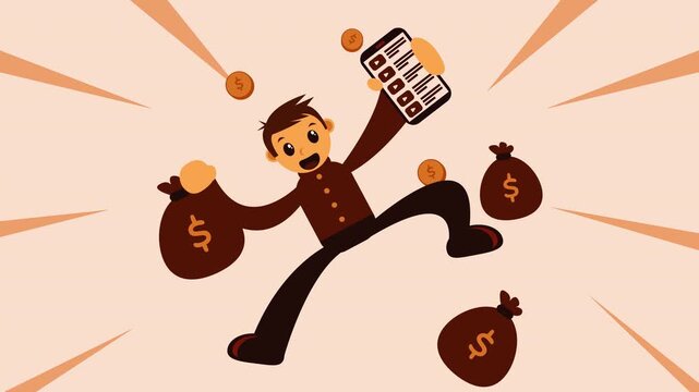 Businessman Holding Money Bag and Smartphone Animation for Content Monetization Concept
