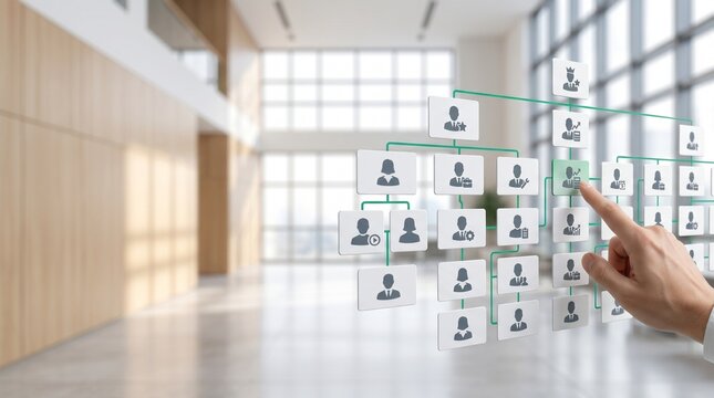 Hand touching talent network interface with connected profile cards, profile review, hiring process, office