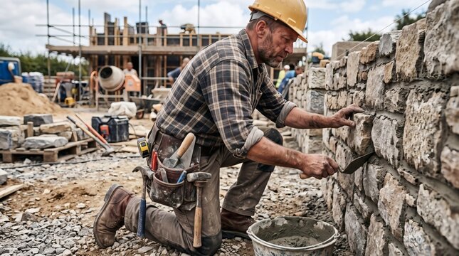 Skilled stonemason in hard hat meticulously laying stones to build a sturdy wall on a construction site
