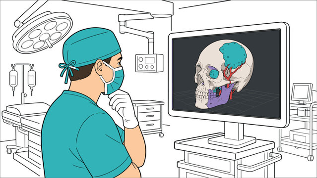 Surgeon analyzing skull scan digital illustration showing complex facial reconstruction planning on a computer screen inside a sterile hospital operating room with modern medical equipment setup