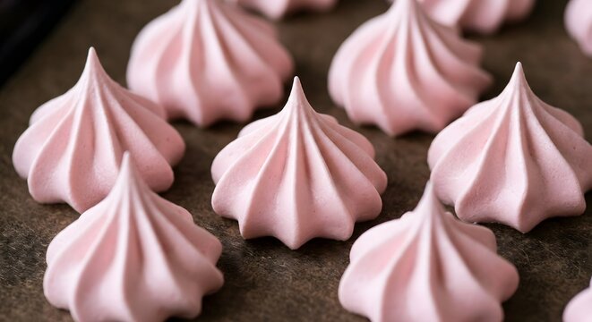 Perfectly piped pastel pink meringue rosettes on baking paper