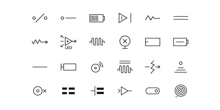 Minimalist line icons set, electronic components and electrical circuit symbols for engineering diagrams and technical documentation