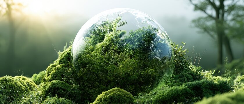 Carbon Neutral transparent planet amid flourishing greenery communicating clean energy transition and sustainable living copy space green revolution theme realistic silhouette woodland sunrise backdro