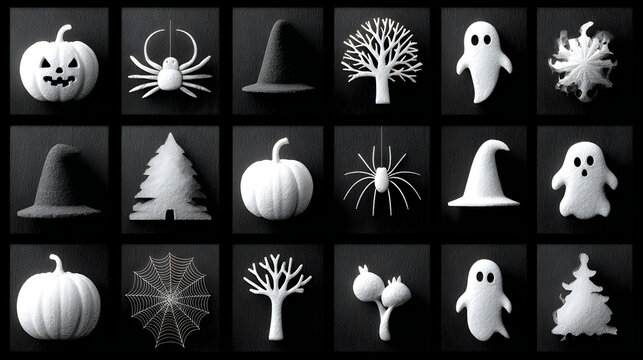 Cute halloween ghost pumpkin spider witch hat icon collection vector images