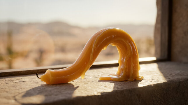 Yellow wax candle completely melted and bent over, showing the intense heat of a desert environment through a window