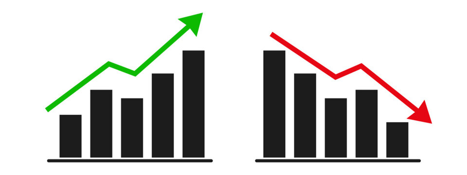 Two black bar graphs with green up and red down arrows