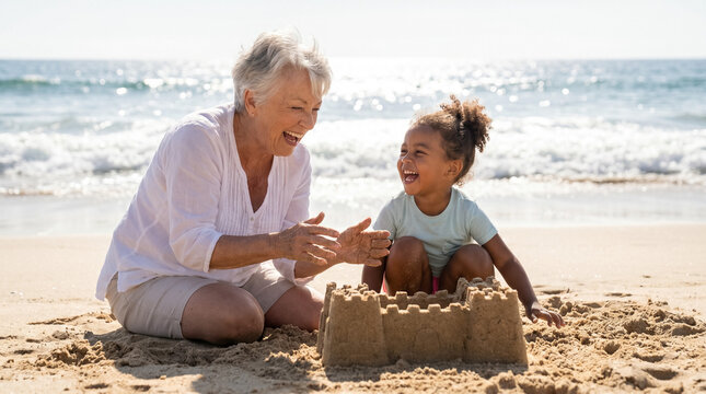 Granddaughter laughing with grandmother building sandcastle on beach. Family having fun during summer vacation