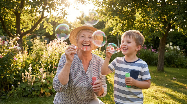 Grandmother and grandson having fun blowing iridescent soap bubbles together in a vibrant, sunlit garden
