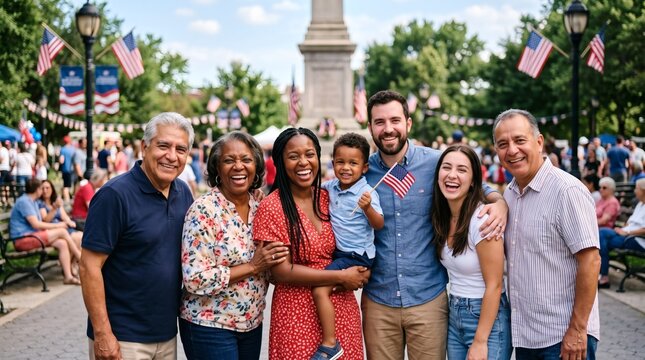 Multi-generational diverse family celebrating a patriotic holiday outdoors with American flags and decorations