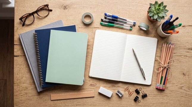 Overhead view of a wooden desk with notebooks pens pencils glasses and office supplies for studying or working