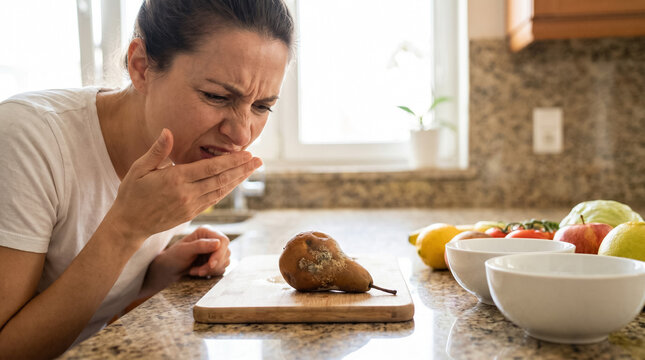 Woman feeling nauseated by a spoiled rotten pear with mold in a kitchen, symbolizing food waste and the unpleasant smell