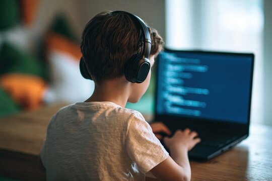 Boy child student using a laptop for coding and learning with headphones at home