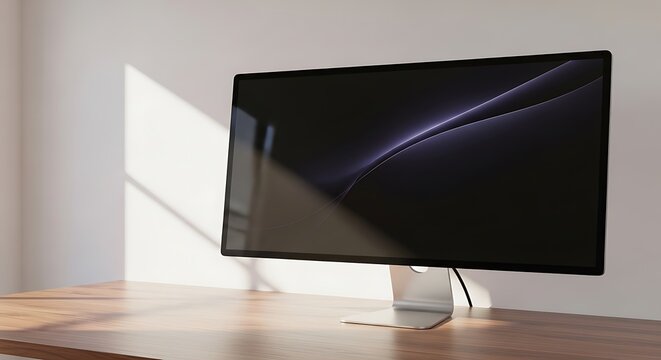 A sleek modern computer scren on a polished wooden desk in a minimalist sunlit office space with a blank black display for creative professional design