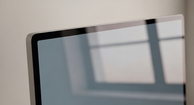 A close-up view of a modern computer scren showing a sleek bezel and high-quality screen display with soft reflections from a bright room window lighting