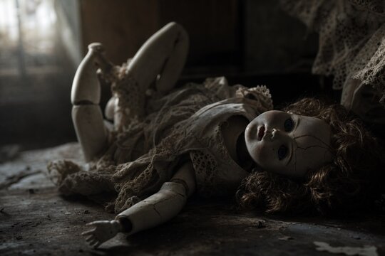 A broken porcelain doll lying in shadows with twisted limbs and soft window light.