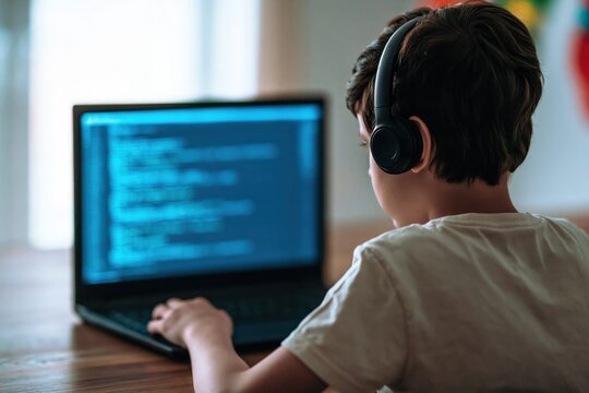 Boy and child student learning coding on a laptop with headphones at home desk