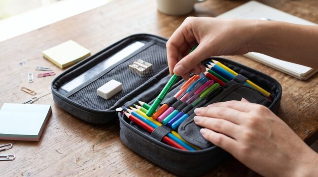 Person organizing colorful pens and pencils in a zippered pencil case on a wooden desk with stationery