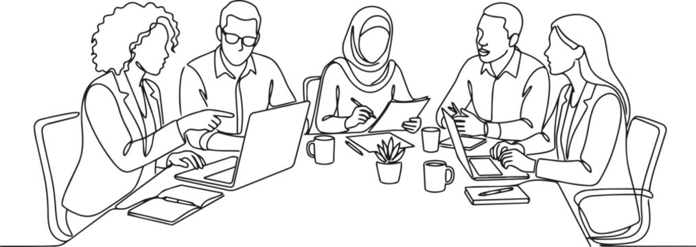 Diverse business team in a meeting, continuous line art