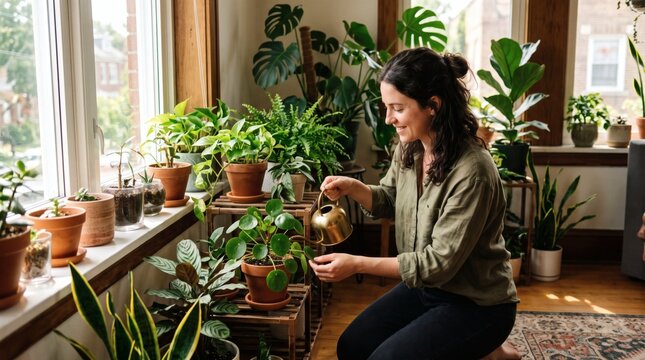 Woman Watering Potted Plants Indoors on a Sunny Day