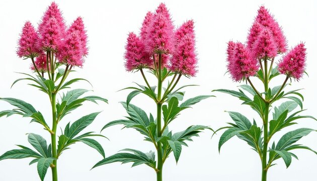 Three pink Joe-Pye weed flowers on white backdrop. Vibrant green stems and leaves contrast with delicate fluffy pink blooms. Botanical closeup studio shot.