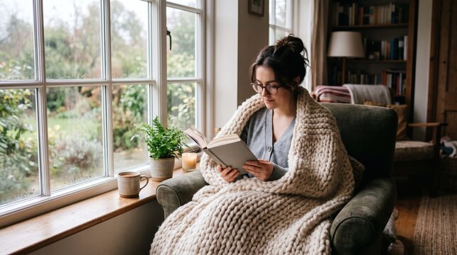 Cozy woman reading a book wrapped in a thick blanket by a window on a rainy day