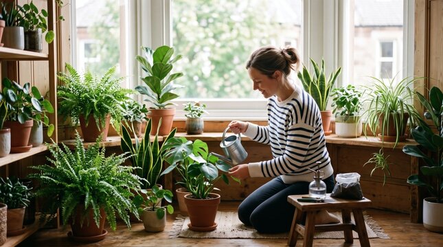 Woman watering houseplants in a sunlit room with many green plants on shelves and windowsill
