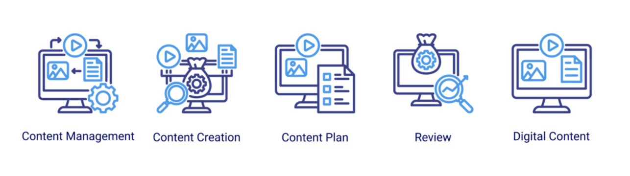 Content Planning icon set featuring content creation,review,and planning tools for efficient digital publishing workflows.