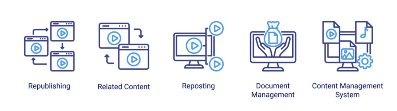 Content Delivery icon set featuring content distribution,reuse,and document organization across digital platforms.