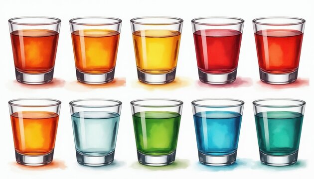 Colorful small glasses filled with various drinks like spirits and liqueurs. Set of vibrant beverages in transparent shot glasses arranged for party or tasting.
