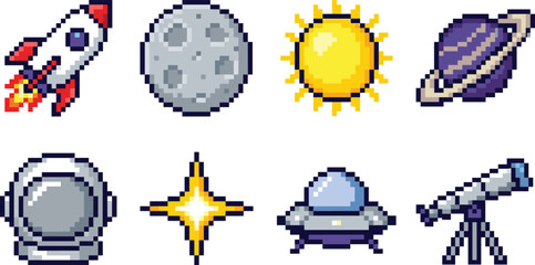 Pixel Art Space Icons Set with Rocket Moon Sun Planet Astronaut UFO Telescope and Star Vector Collection © MdReazul