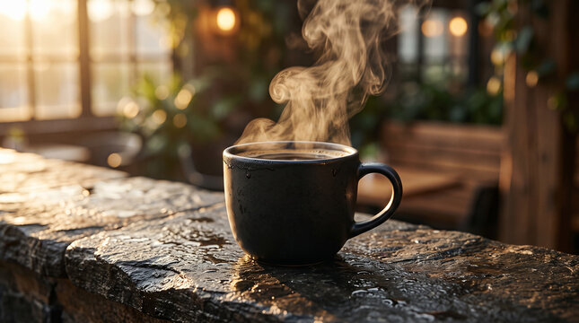 Steaming Coffee in Morning Light: A dark ceramic mug of hot coffee, emitting a fragrant steam, rests on a weathered stone ledge, illuminated by the soft, warm rays of the morning sun.