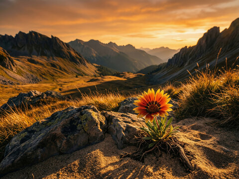 Panorama de montagne au coucher du soleil avec des fleurs sauvages orange et or au premier plan, ciel enflam&eacute; et vall&eacute;e profonde &agrave; l'horizon