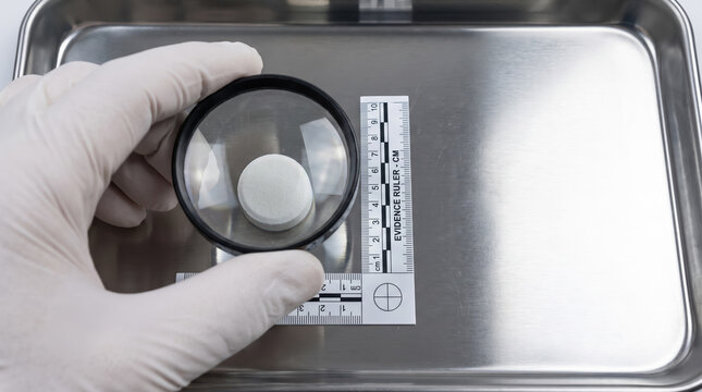 Gloved hand holding magnifying glass over white pill on evidence tray beside measurement ruler. Drugs addiction and drug conceptual. Crime of narcotics with copy-space.