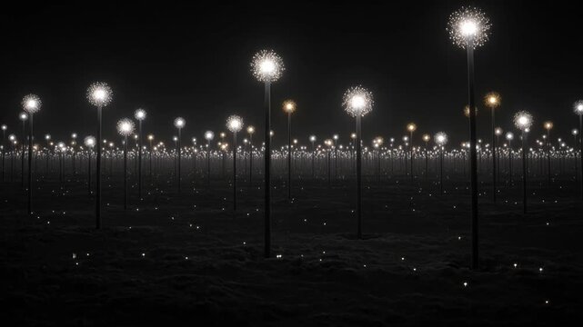 Surreal Field of Glowing Dandelion Shaped Light Installations Under a Dark Night Sky