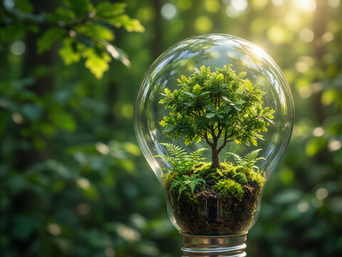 Ampoule en verre classique transparente renfermant un ch&ecirc;ne vert mature pos&eacute;e dans une for&ecirc;t luxuriante &eacute;clair&eacute;e de rayons dor&eacute;s, concept d'&eacute;cologie