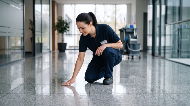 Professional cleaner inspecting a wet floor in a modern office building hallway